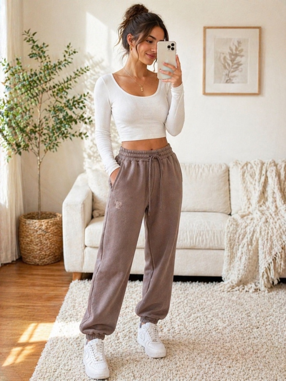 Pink Cozy High-Waist Drawstring Joggers in Taupe